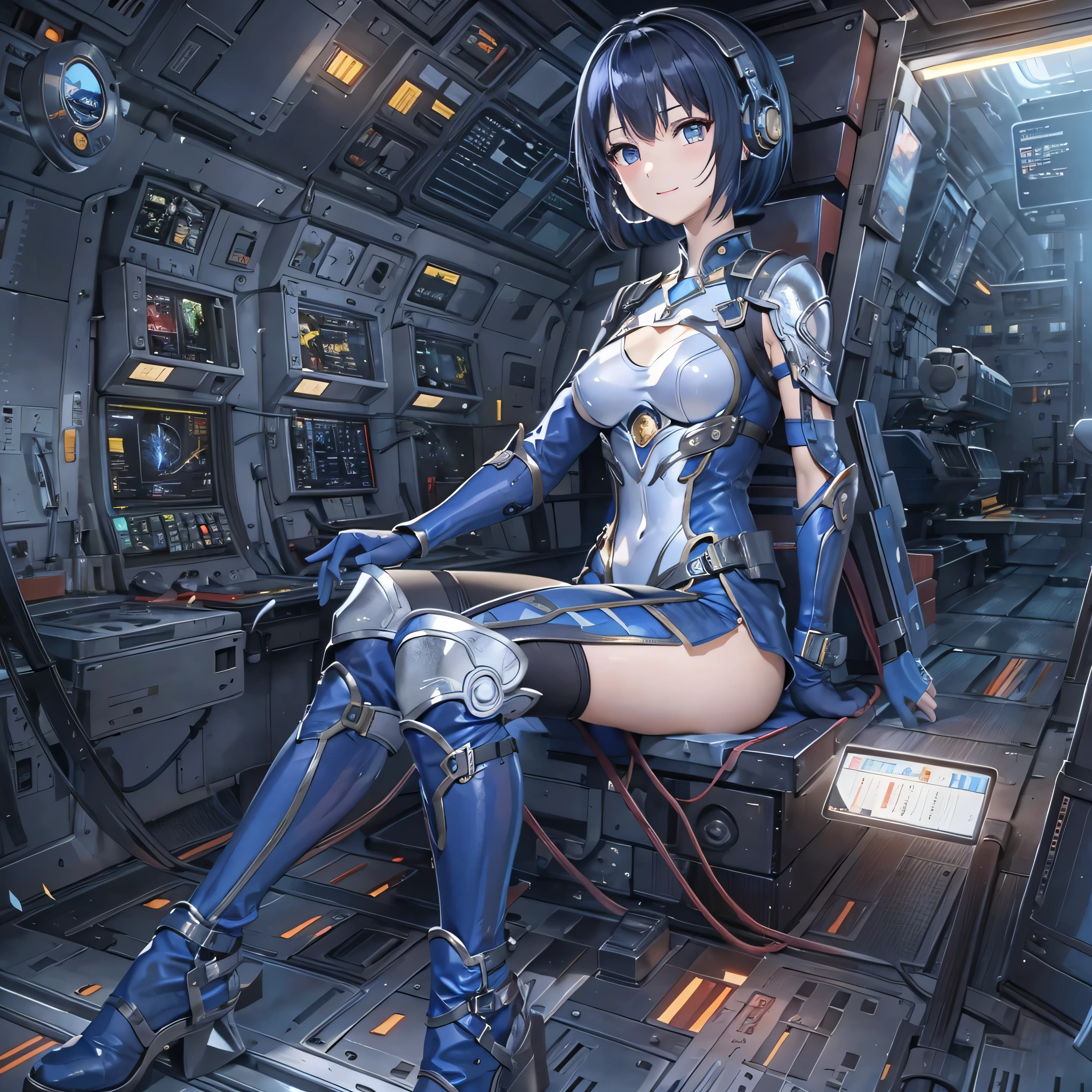 (masterpiece、highest quality、Highest Resolution、Clear_image、Detailed details、Angle from above): (Whole body、One 20 year old girl、Japanese Faces、Small Face、Slender、Navy blue super short bob cut hair、(Hidden small breasts:1.3)、Sparkling blue eyes、Shiny pilot suit in blue and black colors、Chest protection armor、Tight fitting clothes、Clothing that covers the whole body、Glamorous clothes、Tight Fit Pants、Hide your skin、Very delicate and beautiful、Detailed Skin、hide thighs、Hide your ass、Cute、A gentle smile、Soft expression、heroine、headset、Knee-high boots、Elbow-length gloves、Eye Level Shot、Face directly、Woman on a spaceship)