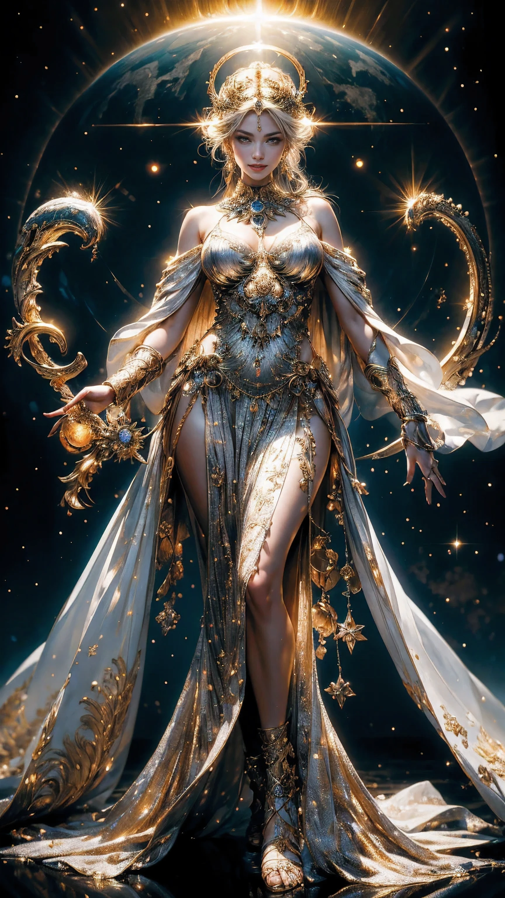 masterpiece, best quality, ultra detailed, 8k, high resolution, Photorealistic, Greek Mythology, fantasy, legendary existence, mythical world, meditation, symmetrical, divine halo, magic circle, solar eclipse, Nebula, alone, stunningly beautiful woman, beautiful face, A smile that brings peace to the people, "in Aphrodite", full body shot, gorgeous intricately detailed dress, golden ornaments, white cloak,