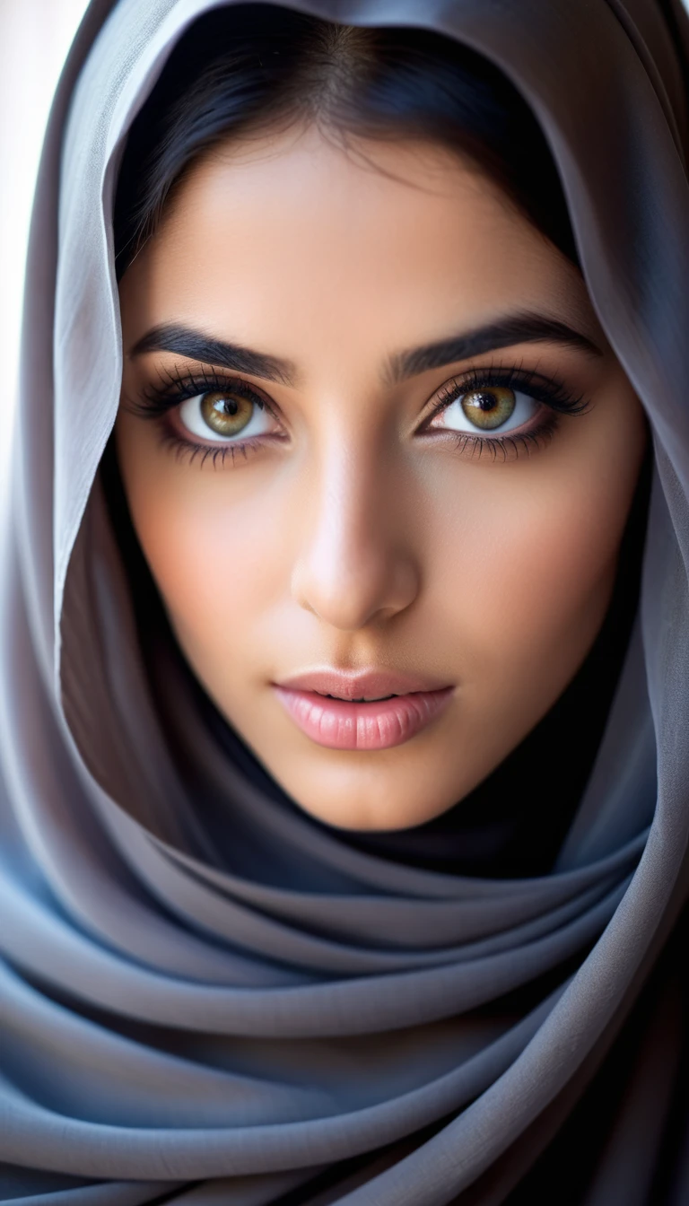 realistic photo, perfection, close-up face, beautiful young Arab woman, wearing niqab, beautiful sensual eyes, hypnotizing eyes, shy look, raw photo, shallow depth of field, full frame camera, professional photo