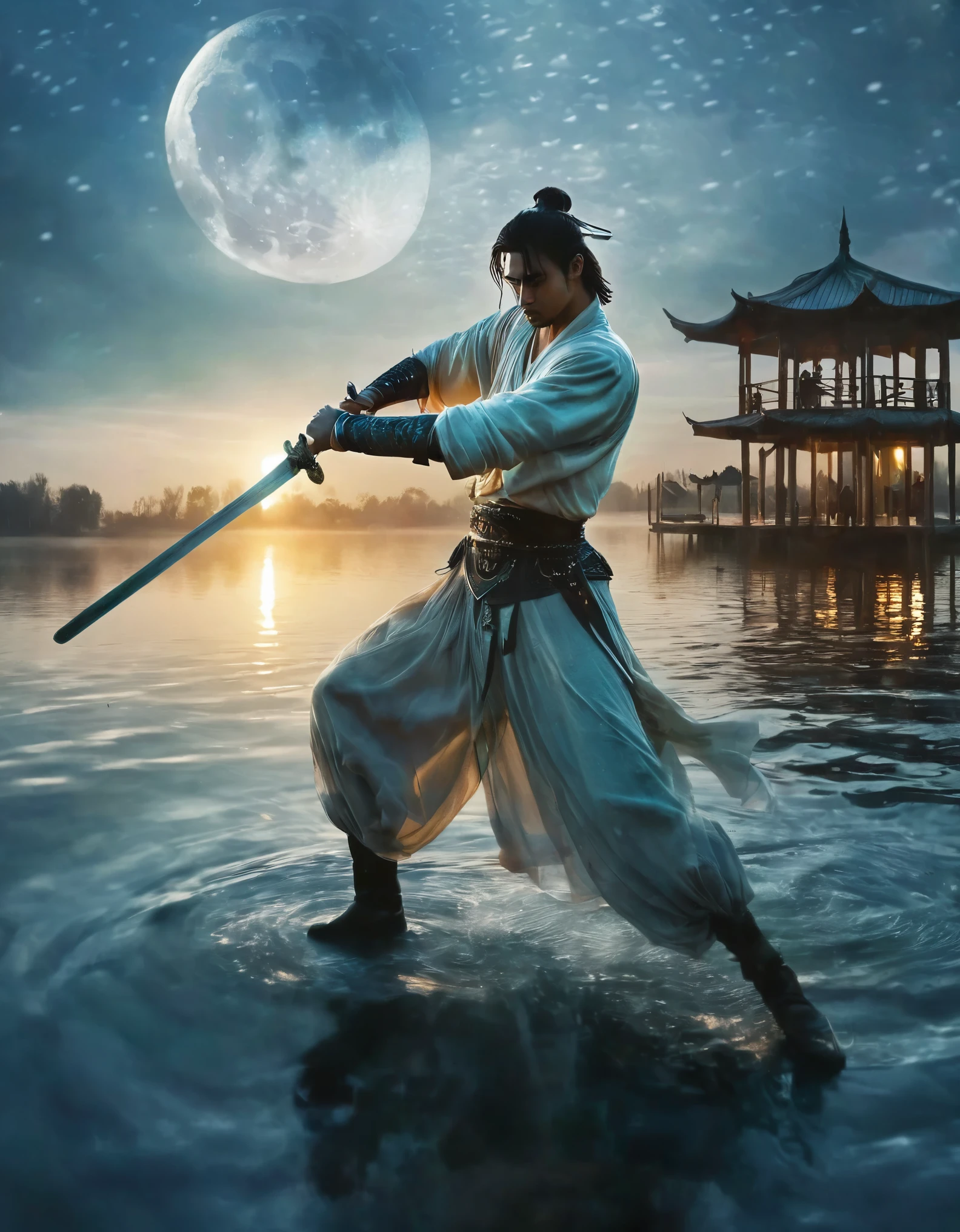 The hero dances with sword:1.5),Hold the sword hilt tightly in your hand，Solitary，On the Lake, Wooden boats in the distance and pavilions in the lake，light, mysterious atmosphere,， ripple，(Splash;1.4)，A moon，Motion blur，swordsman，effort，front Photo，Delicate face