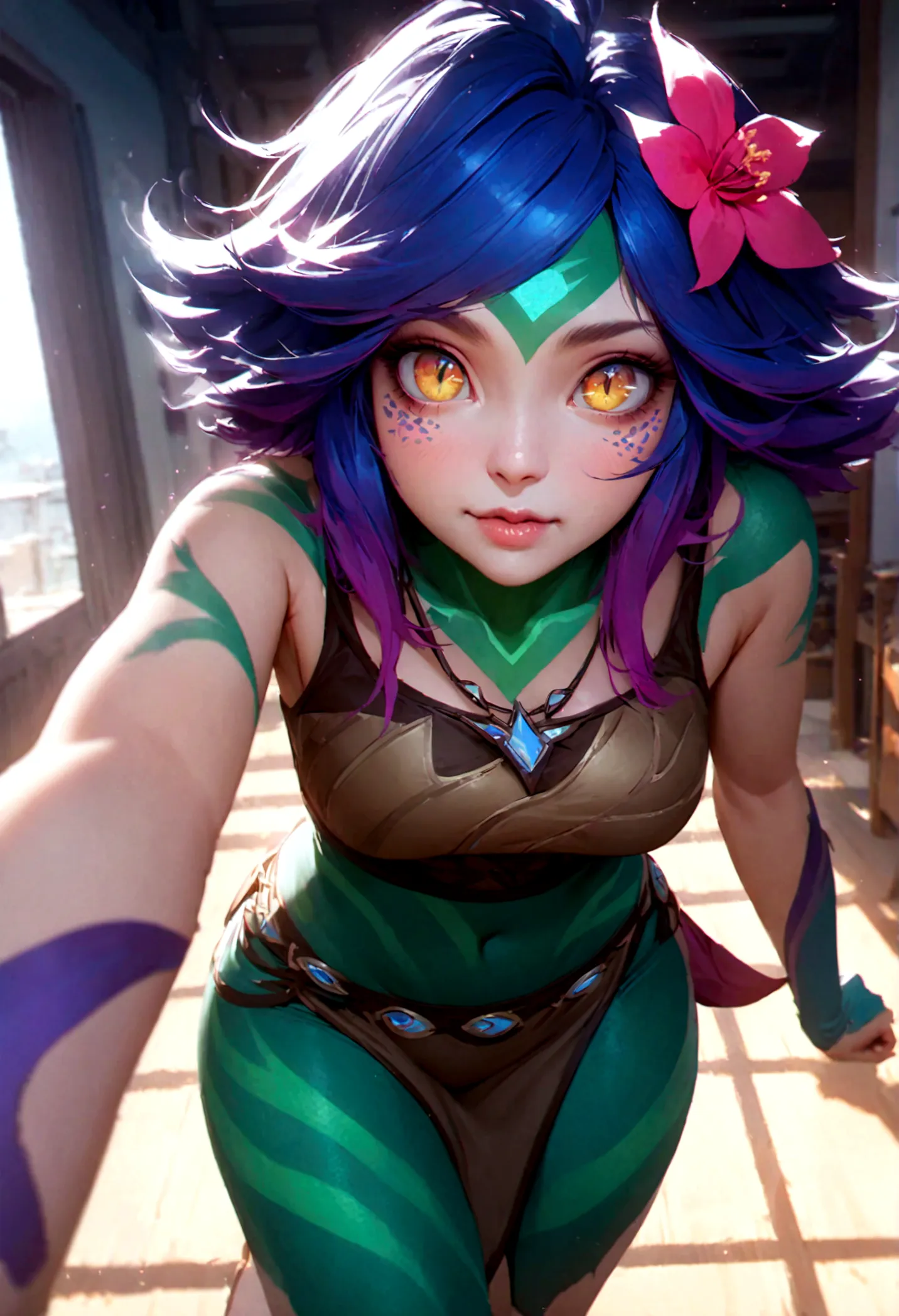 masterpiece,(best quality,top quality,8k),ultra detailed,illustration,painting,detailed eyes and face,(1girl),neeko, multicolore...