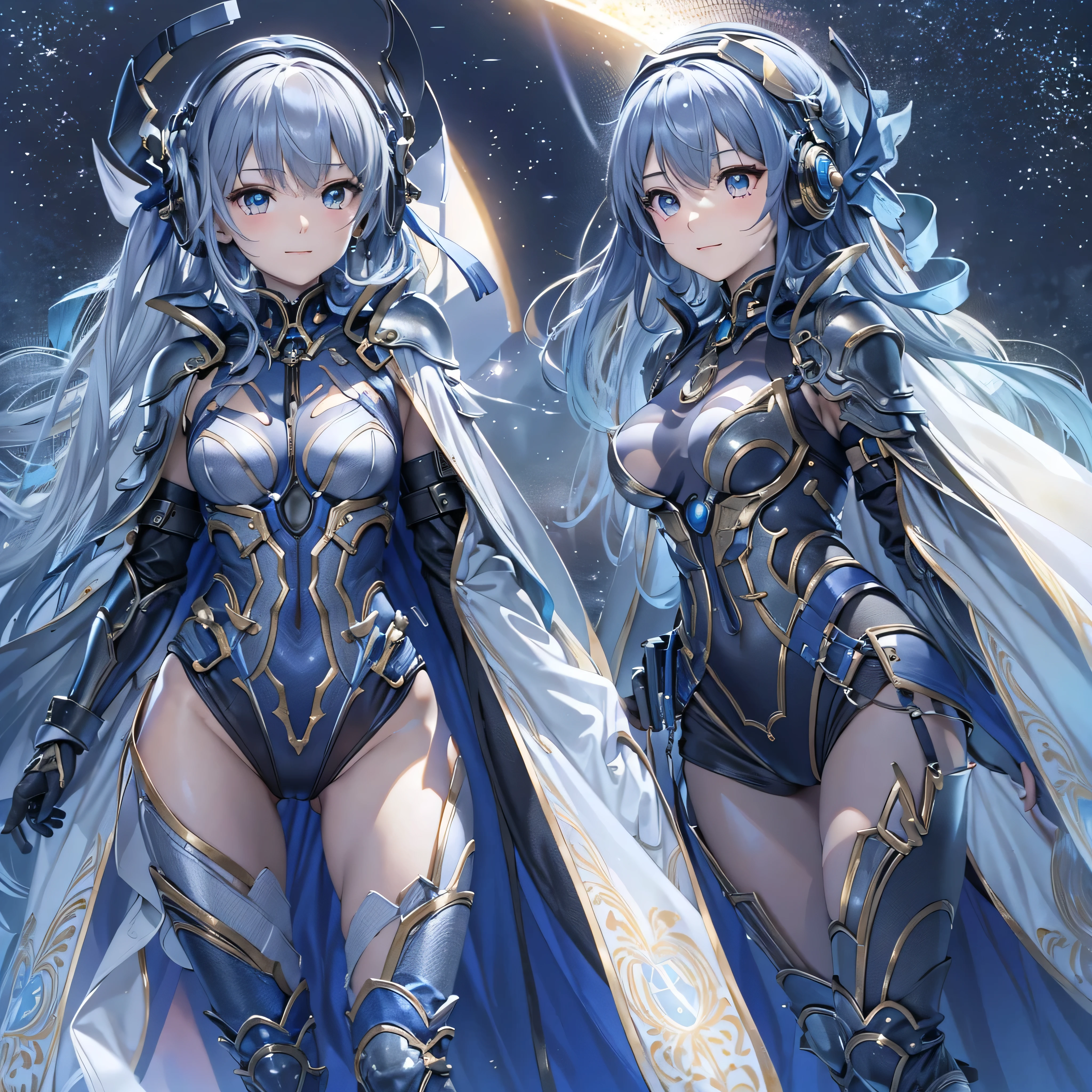 (masterpiece、highest quality、Highest Resolution、Clear_image、Detailed details、Angle from above): (Whole body、One 20 year old girl、Japanese Faces、Small Face、Slender、Navy blue super short bob cut hair、(Hidden small breasts:1.3)、Sparkling blue eyes、Shiny pilot suit in blue and black colors、Chest protection armor、Tight fitting clothes、Clothing that covers the whole body、Glamorous clothes、Tight Fit Pants、Hide your skin、Very delicate and beautiful、Detailed Skin、hide thighs、Hide your ass、Cute、A gentle smile、Soft expression、heroine、headset、Knee-high boots、Elbow-length gloves、Eye Level Shot、Face directly、Woman on a spaceship)