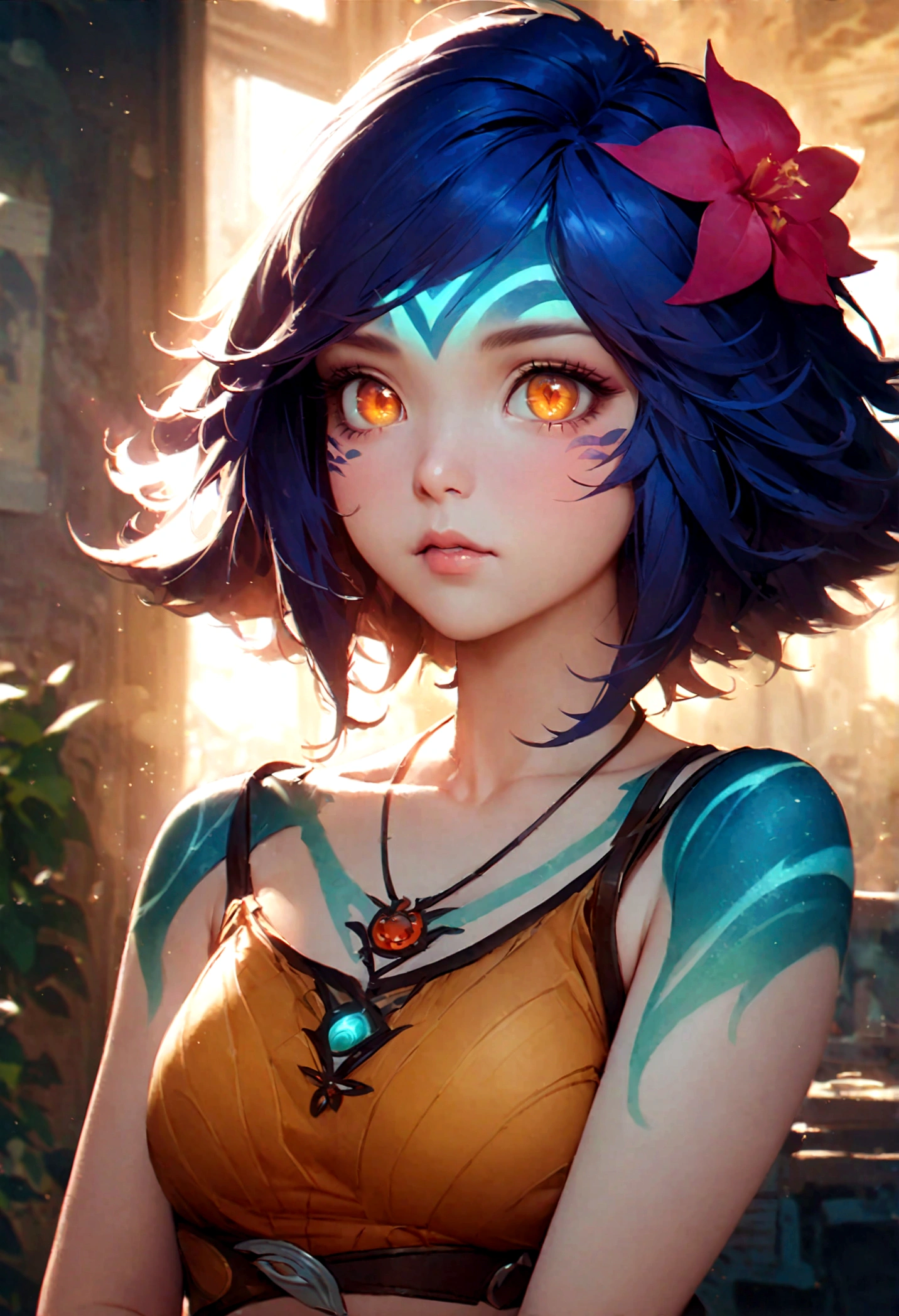 masterpiece,(best quality,top quality,8k),ultra detailed,illustration,painting,detailed eyes and face,(1girl),neeko, multicolored hair,(short hair), facial mark, forehead mark, hair ornament, hair flower, necklace,brown crop top,(puffy eyes),good contrast , high sharpness,(gorgeous),realistic,RAW Photography,(hyperdetailed:1.2),room