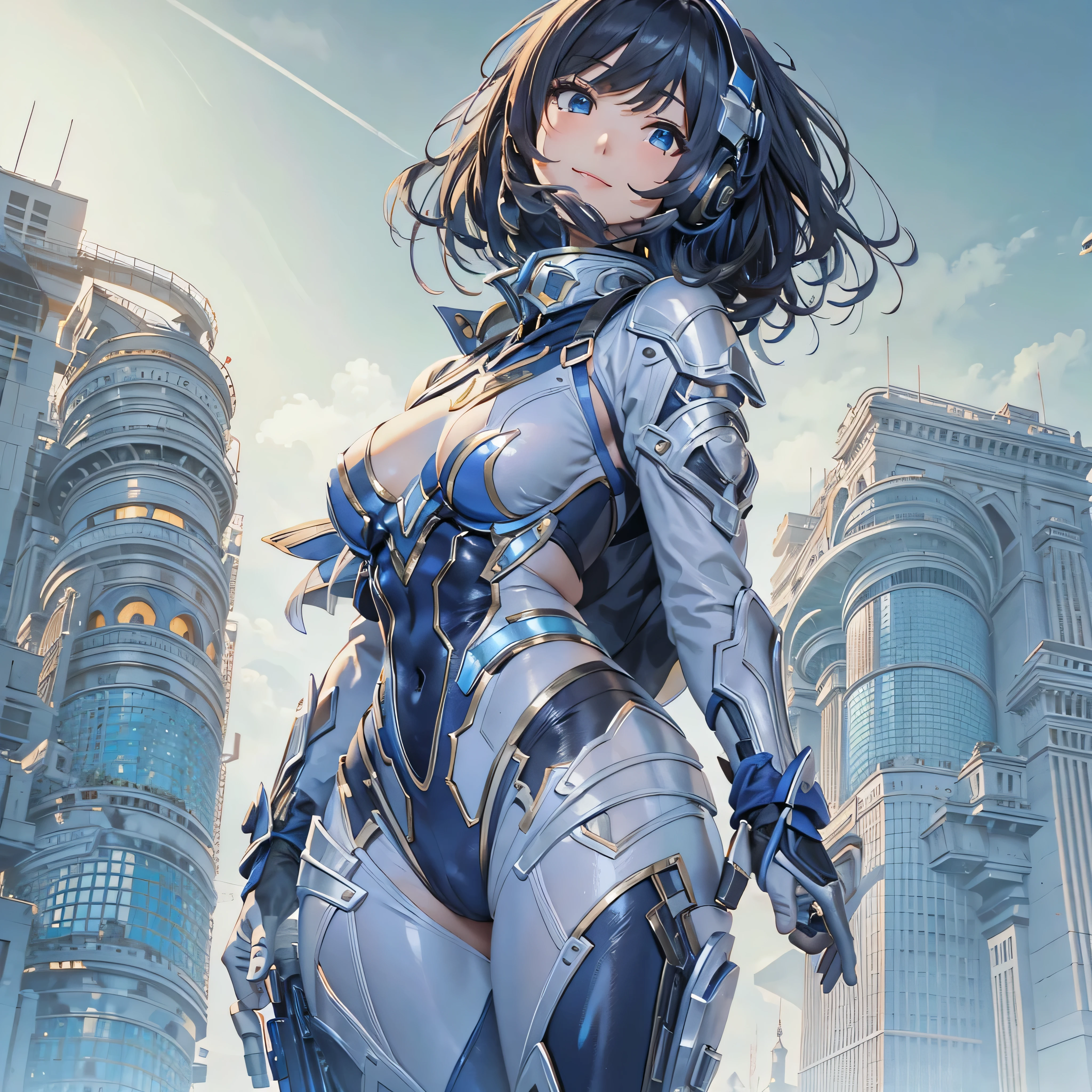 (masterpiece、highest quality、Highest Resolution、Clear_image、Detailed details、Angle from above): (Whole body、One 20 year old girl、Japanese Faces、Small Face、Slender、Navy blue super short bob cut hair、(Hidden small breasts:1.3)、Sparkling blue eyes、Shiny pilot suit in blue and black colors、Chest protection armor、Tight fitting clothes、Clothing that covers the whole body、Glamorous clothes、Tight Fit Pants、Hide your skin、Very delicate and beautiful、Detailed Skin、hide thighs、Hide your ass、Cute、A gentle smile、Soft expression、heroine、headset、Knee-high boots、Elbow-length gloves、Eye Level Shot、Face directly、Woman on a spaceship)