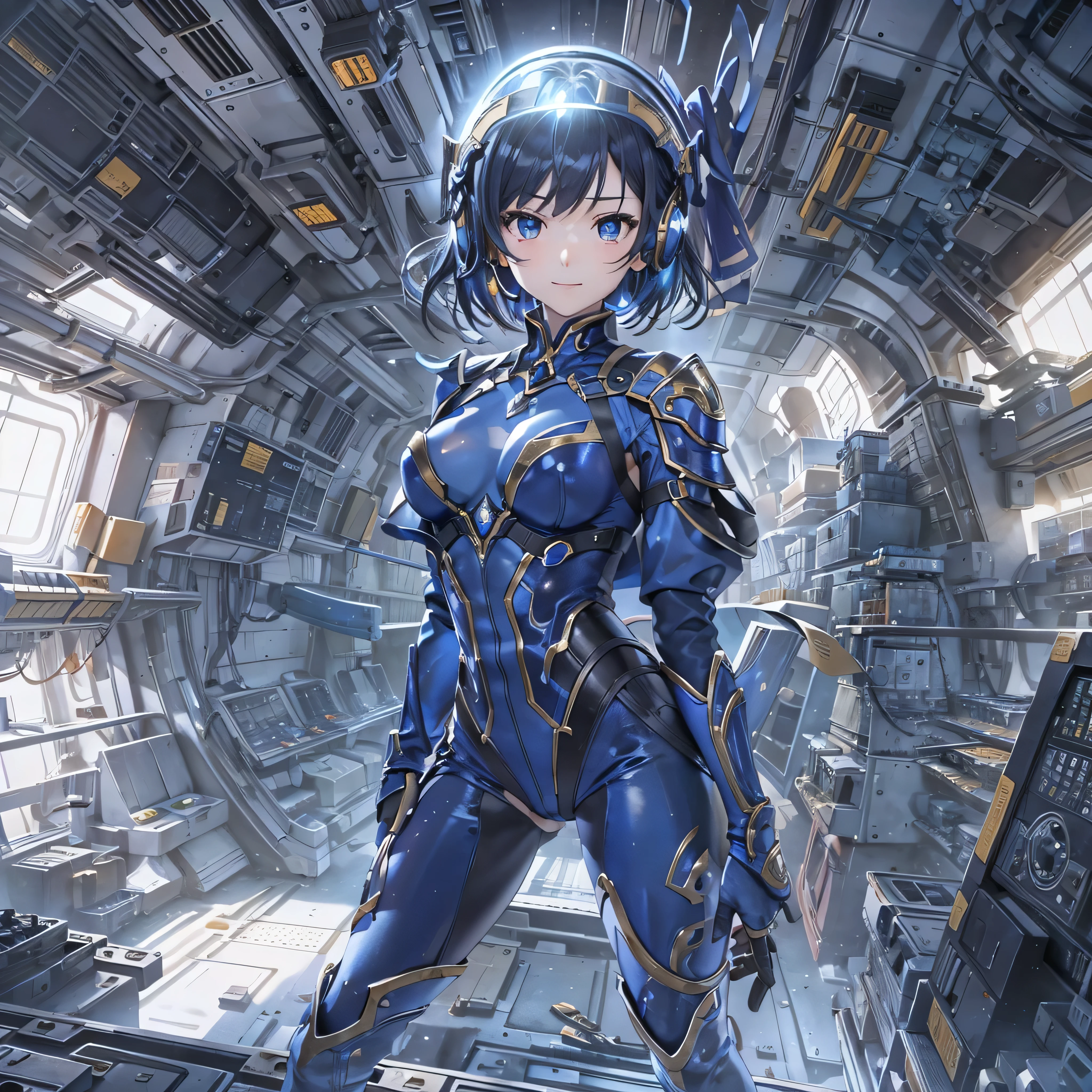 (masterpiece、highest quality、Highest Resolution、Clear_image、Detailed details、Angle from above): (Whole body、One 20 year old girl、Japanese Faces、Small Face、Slender、Navy blue super short bob cut hair、(Hidden small breasts:1.3)、Sparkling blue eyes、Shiny pilot suit in blue and black colors、Chest protection armor、Tight fitting clothes、Clothing that covers the whole body、Glamorous clothes、Tight Fit Pants、Hide your skin、Very delicate and beautiful、Detailed Skin、hide thighs、Hide your ass、Cute、A gentle smile、Soft expression、heroine、headset、Knee-high boots、Elbow-length gloves、Eye Level Shot、Face directly、Woman on a spaceship)