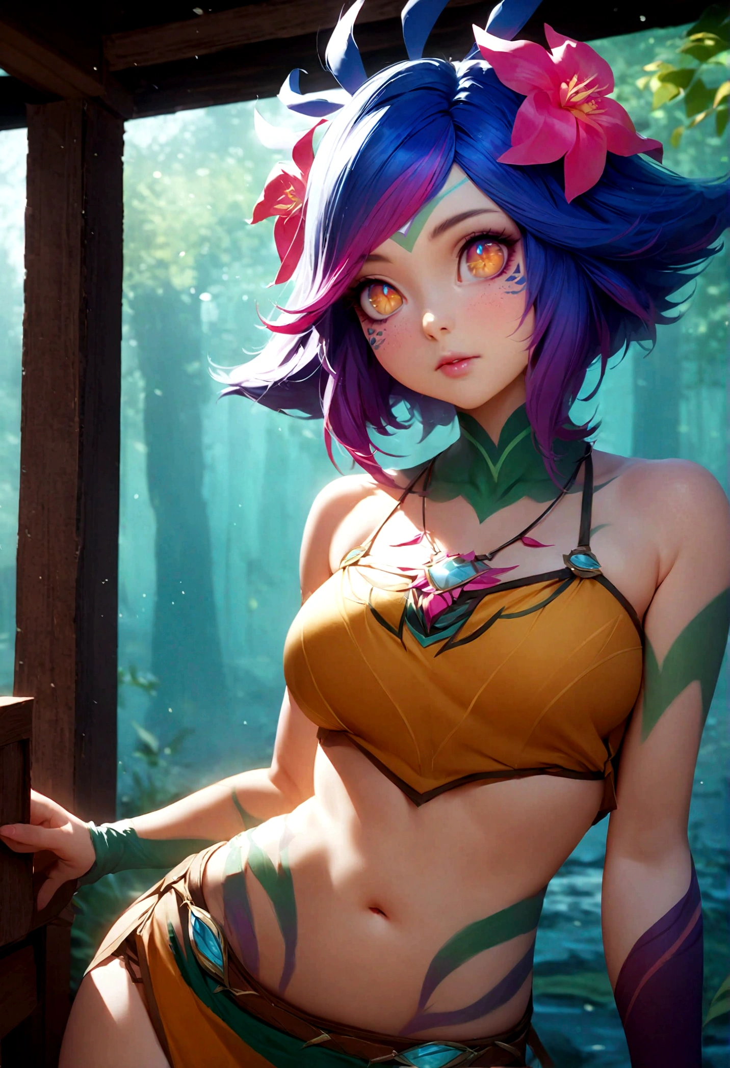 masterpiece,(best quality,top quality,8k),ultra detailed,illustration,painting,detailed eyes and face,(1girl),neeko, multicolored hair,(short hair), facial mark, forehead mark, hair ornament, hair flower, necklace,brown crop top,(puffy eyes),good contrast , high sharpness,(gorgeous),realistic,RAW Photography,(hyperdetailed:1.2)