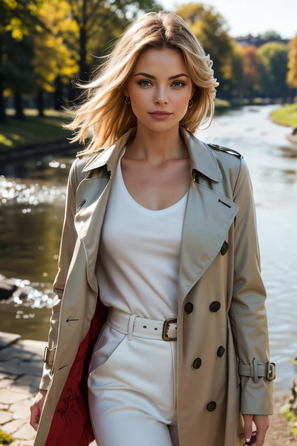 (best quality, 4k, 8k, highres, masterpiece:1.2), ultra-detailed, realistic, (photorealistic:1.37), beautiful detailed eyes, beautiful detailed lips, extremely detailed face, long eyelashes, intimate view, classic oil painting, soft lighting, vibrant colors, warm tones, atmosphere, young and beautiful, Jaime Pressly, slim and slender, timid expression, random hairstyle, detailed hair, flawless skin texture, perky, gentle breeze, sexy and feminine pose, light smile, short open trench coat, walking in a park next to a river, Denmark, winter time, afternoon, {{{Front POV}}}, blonde