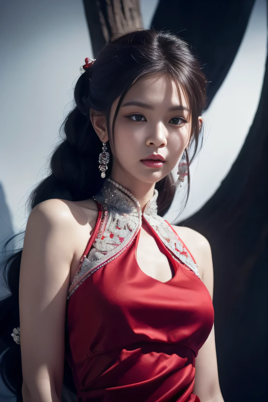 vibrant colors, female, masterpiece, sharp focus, best quality, depth of field, cinematic lighting, white hair, red eyes, braid, dress, long hair, red eyes, tattoo, earrings, jewelry, black dress, hair ornament, bangs, chinese clothes, breasts, china dress, sleeveless, 