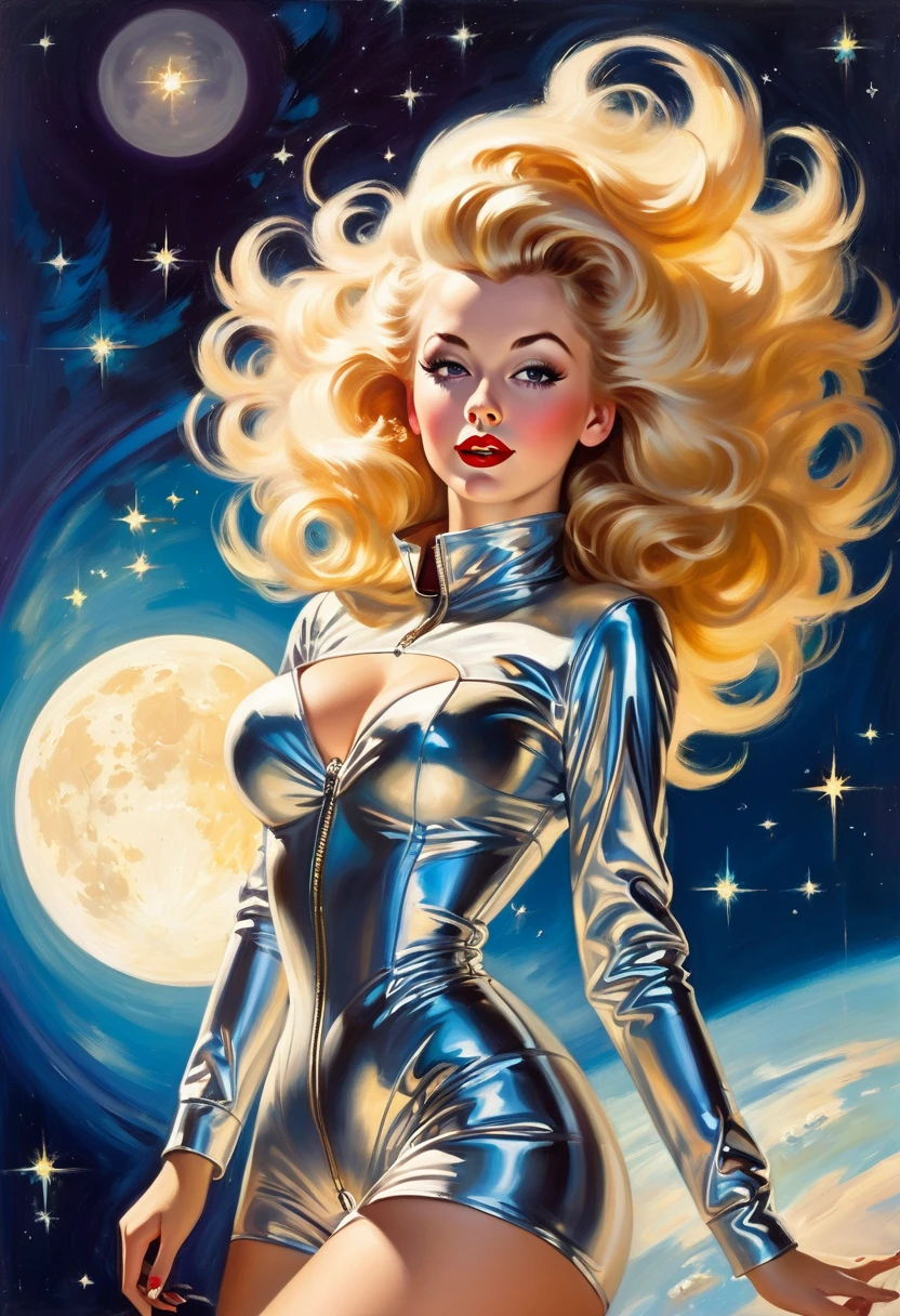 A Gil Elvgren pin-up style painting of a beautiful blonde woman with big messy hair, in a seductive space suit, floating in an outer space setting,  with moon light, twinkling stars and stardust, vibrant and colorful 