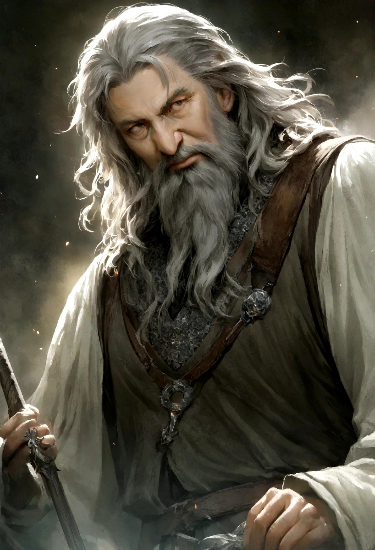 Create epic cinematic images that capture the grandeur and magic of the trilogy "Lord of the Rings" de Peter Jackson com o ator Ary Fontoura ator brasileiro como o Mgago cinza Gandalf . Age maximum 50 years. Estilo: Use a dark and realistic aesthetic, inspirada nas paisagens neozelandesas e na arquitetura medieval. lighting: Create a dramatic atmosphere with contrasting lighting, using natural and artificial light to highlight characters and settings. Composition: Utilize dynamic compositions and creative camera angles to convey the emotion and scale of scenes. Personagens: Capture the essence of the trilogy&#39;s iconic characters, como Ary Fontoura como o Mago cinza Gandalf.