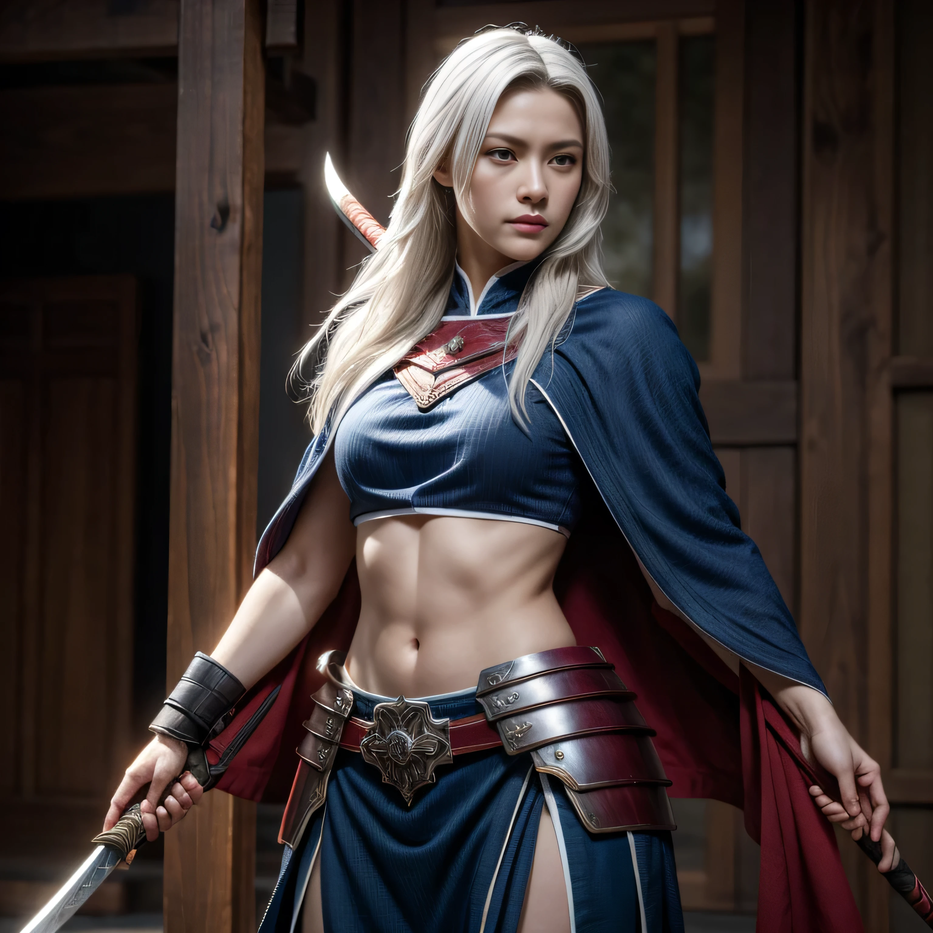 photorealistic, masterpiece, photorealistic, high resolution, soft light, hips up, blue eyes, white hair, long hair, Intricate details EABA, cloaks, spear, Samurai, Armor, warrior, samurai helmet