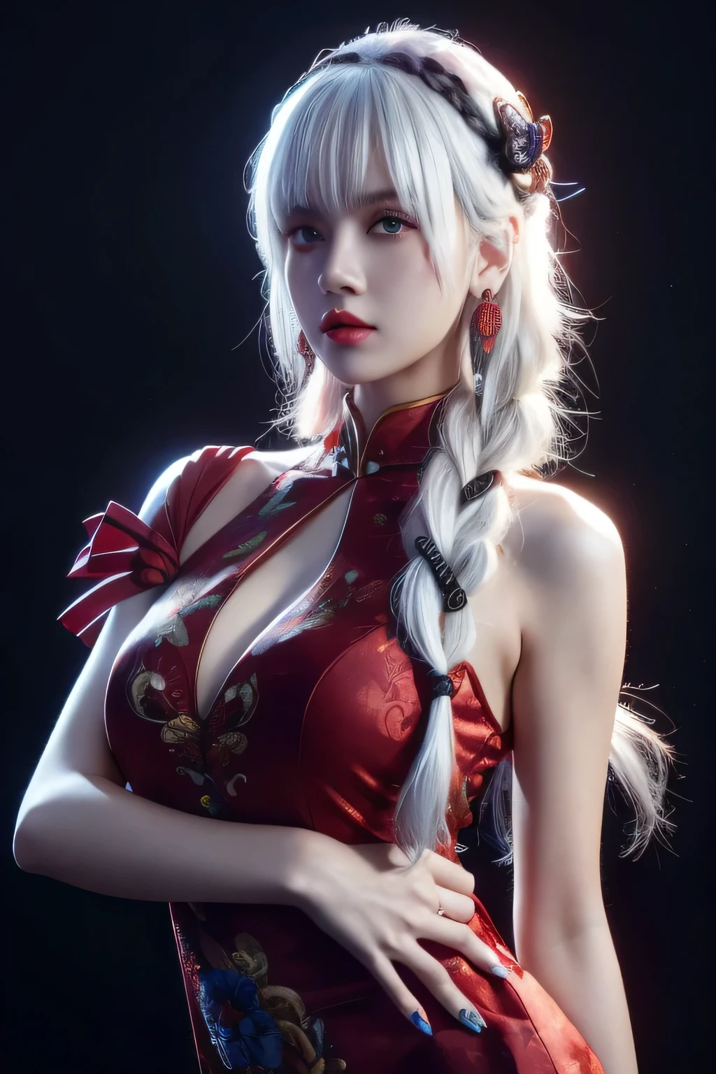 vibrant colors, female, masterpiece, sharp focus, best quality, depth of field, cinematic lighting, white hair, red eyes, braid, dress, long hair, red eyes, tattoo, earrings, jewelry, black dress, hair ornament, bangs, chinese clothes, breasts, china dress, sleeveless, 