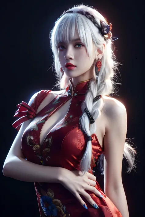 vibrant colors, female, masterpiece, sharp focus, best quality, depth of field, cinematic lighting, white hair, red eyes, braid,...