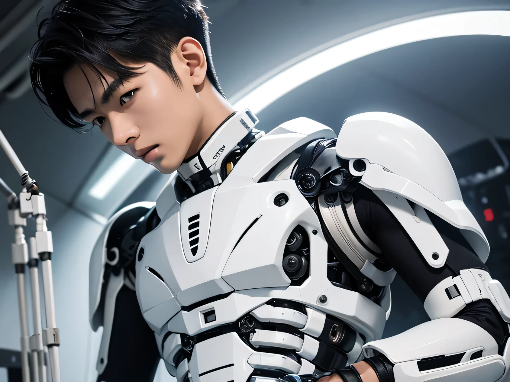 Handsome 22 year old Japanese model　Very short, cropped black hair　　future　universe　Soft Macho　　White mechanical parts attached to bare skin　　　Naked, white exoskeleton mechanical parts attached, hard parts attached　looking at the camera　Soft Macho　White electronic components being installed
