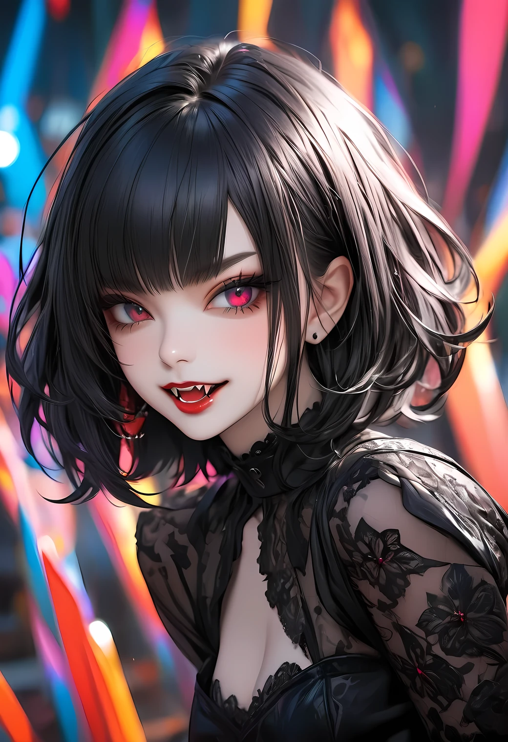 gothic style, masterpiece, highest quality, 16k, unbelievably absurd, very detailed, perfect beauty, beautiful vampiric cute girl with pointy fangs, in a beautiful pose, jet black hair, modern sauvage bob hair, through bangs, vibrant colors,raw photo, portrait