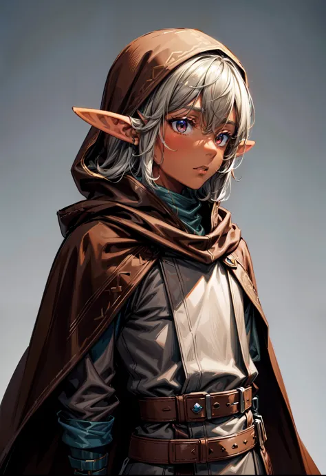 (tanned elf man boy:1.2), (solo:1.2), (gradient gray background:1.2), (brown cloak hooded belts:1.2), forest 