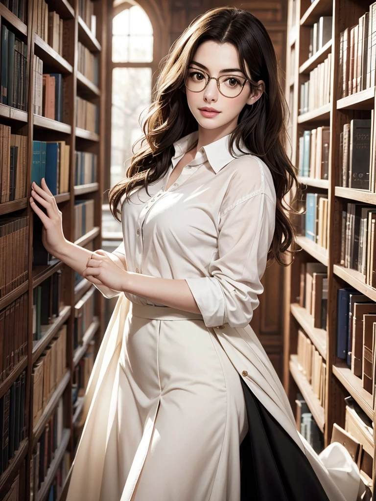 Amidst the shelves full of books in the large library, A Anne Hathaway, stunning attracts attention. Her delicate face is framed by large prescription glasses., that accentuate your intelligence and charm. Hair is carefully combed, complementing your natural elegance. She wears an impeccable white dress shirt, whose buttons glow softly in the soft ambient light, and a skirt that highlights your graceful curves. Concentrada, ela percorre as prateleiras, os dedos finos deslizando sobre as lombadas dos livros, searching for a specific title. Her presence exudes a captivating blend of classical beauty and intellectual sophistication., making it an unforgettable sight.