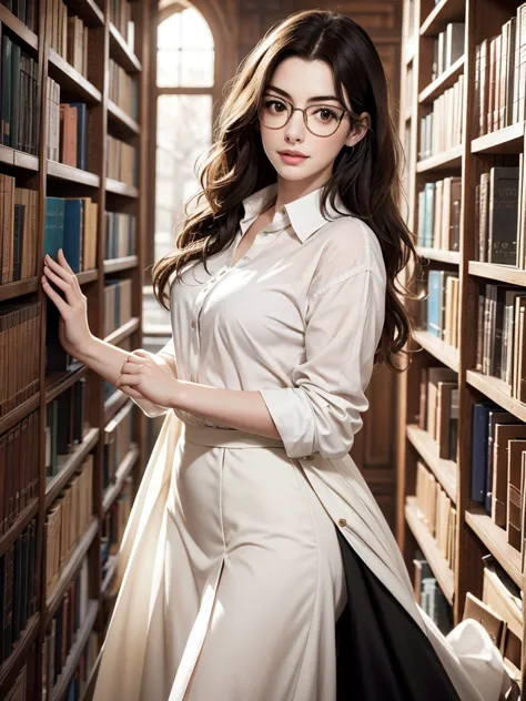Amidst the shelves full of books in the large library, A Anne Hathaway, stunning attracts attention. Her delicate face is framed...
