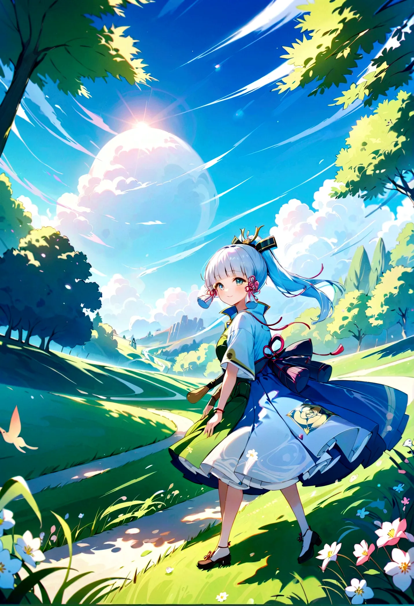 (best quality, 4k, masterpiece :1.3), kamisato ayaka，spring morning，beautiful detailed flowers，bright blue sky，sparkling sunshin...