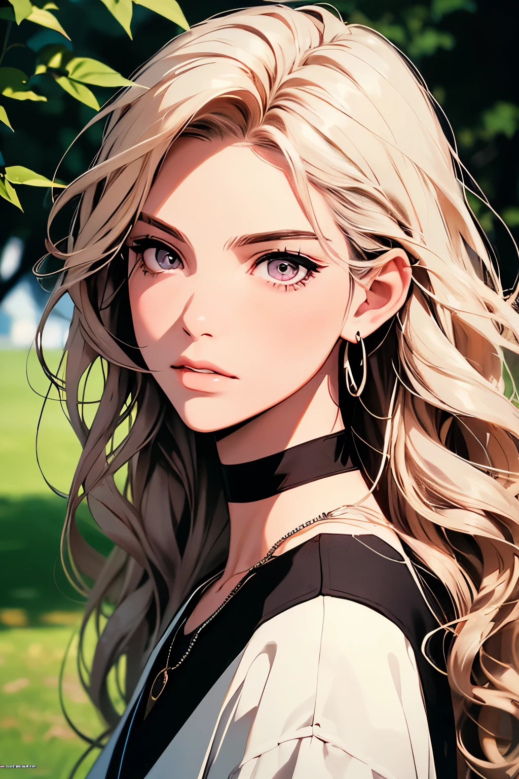 2d illustration, anime, a painting portrait in fine arts, in manhwa style, Bishamon from noragami, 1girl, blond long hair, big hair, curly hair, purple eyes, makeup, beautiful, high definition, masterpiece, best quality, high detail, high detailed eyes, grain filter, Detailed lips, high resolution, ultra-detalhado, retrato, mulher caucasiana, realista proportions, Anatomicamente preciso, bochechas rosadas; dark lighting, alta qualidade, premiado, high resolution, 8k,, summer, lascivo, film grain, Ilford HP5, 80mm, strong soman, confident, matching necklace (choker) and earrings, rindo, divertida, olhar penetrante, de frene para a camera, Braided hair, ((very long hair)), big hair, ((curly hair))
