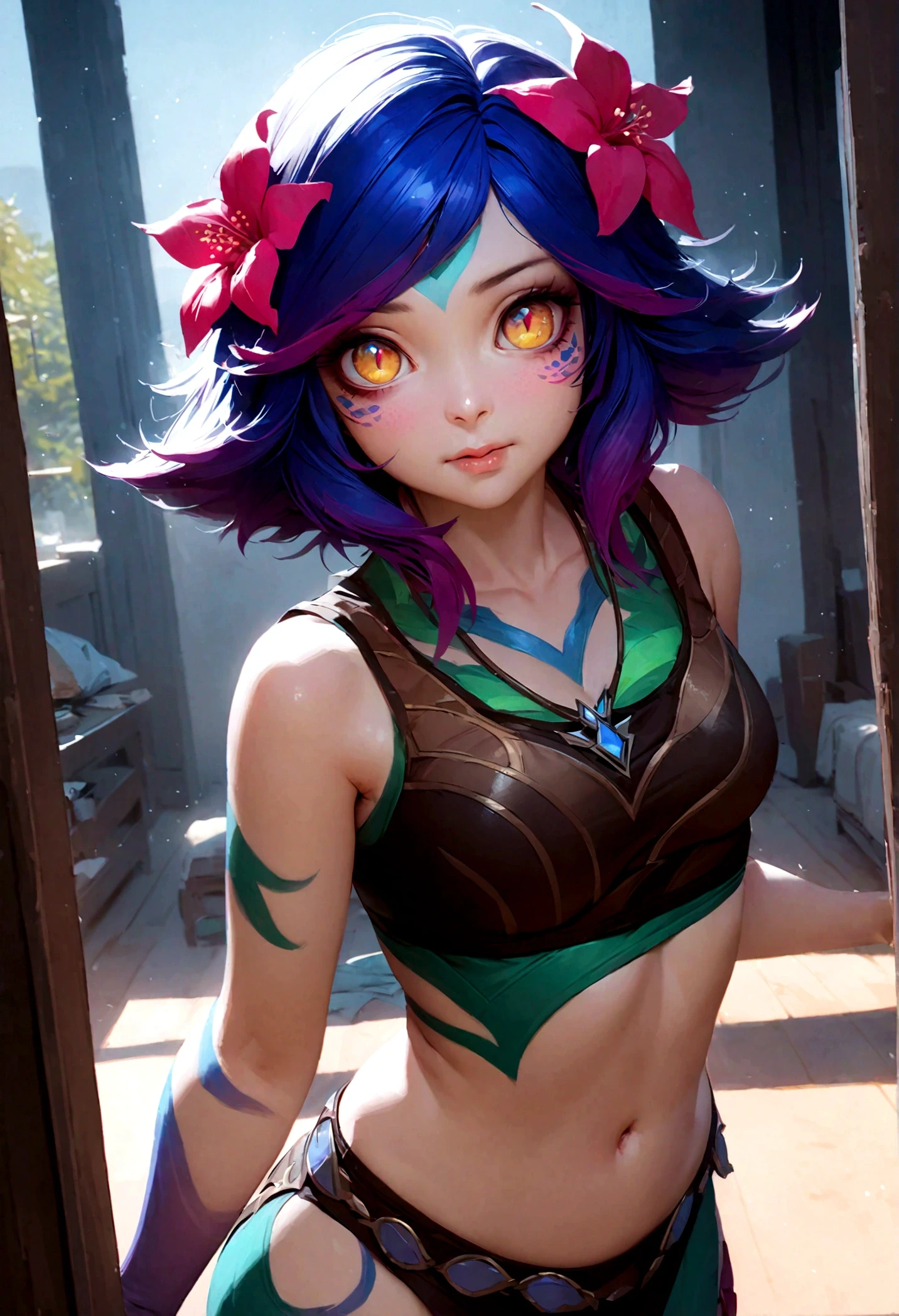 masterpiece,(best quality,top quality,8k),ultra detailed,illustration,painting,detailed eyes and face,(1girl),neeko, multicolored hair,(short hair), facial mark, forehead mark, hair ornament, hair flower, necklace,brown crop top,(puffy eyes),good contrast , high sharpness,(gorgeous),realistic,RAW Photography,(hyperdetailed:1.2),room