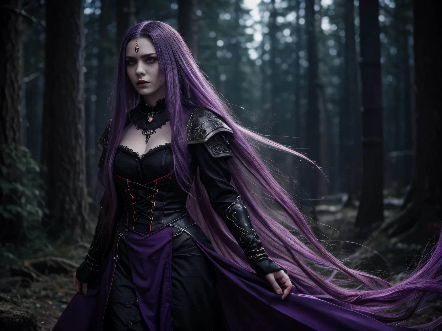 Woman,full body,  jellyfish, (feudal middle age:1.1), Slavic appearance, (long straight purple hair gradient pro red), (red eyes), (strong expression look), purple lipstick, fair skin, (black color gothic clothes with red details:1.1), yellow scales on the hands, cinematic lighting, mystical atmosphere, dynamic focus, ultra reality, ultra realistic, ultra quality, real, real texture:1.1, realistic clothes:1.1, 8k insaneres,  absurd,