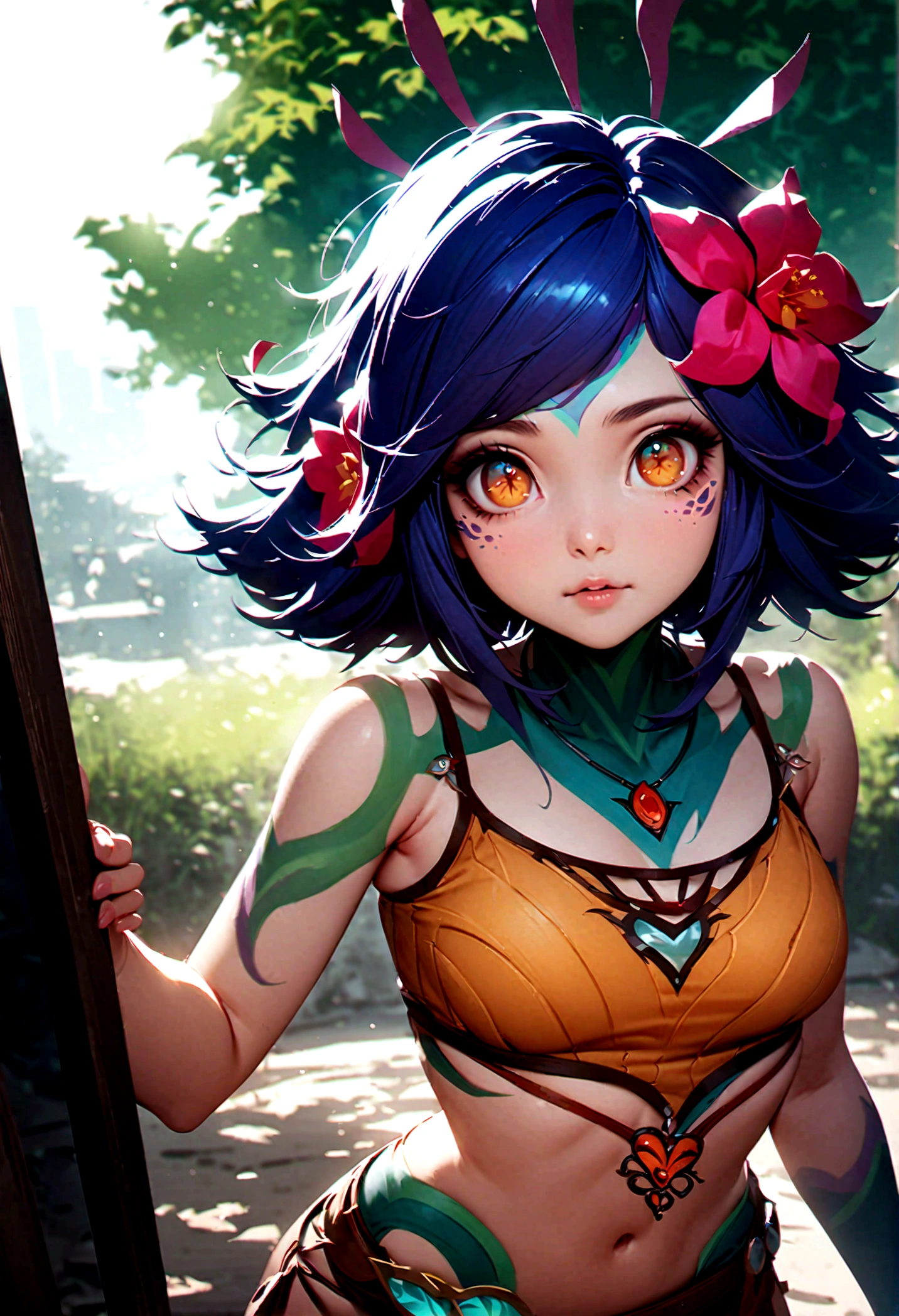 masterpiece,(best quality,top quality,8k),ultra detailed,illustration,painting,detailed eyes and face,(1girl),neeko, multicolored hair,(short hair), facial mark, forehead mark, hair ornament, hair flower, necklace,brown crop top,(puffy eyes),good contrast , high sharpness,(gorgeous),realistic,RAW Photography,(hyperdetailed:1.2)