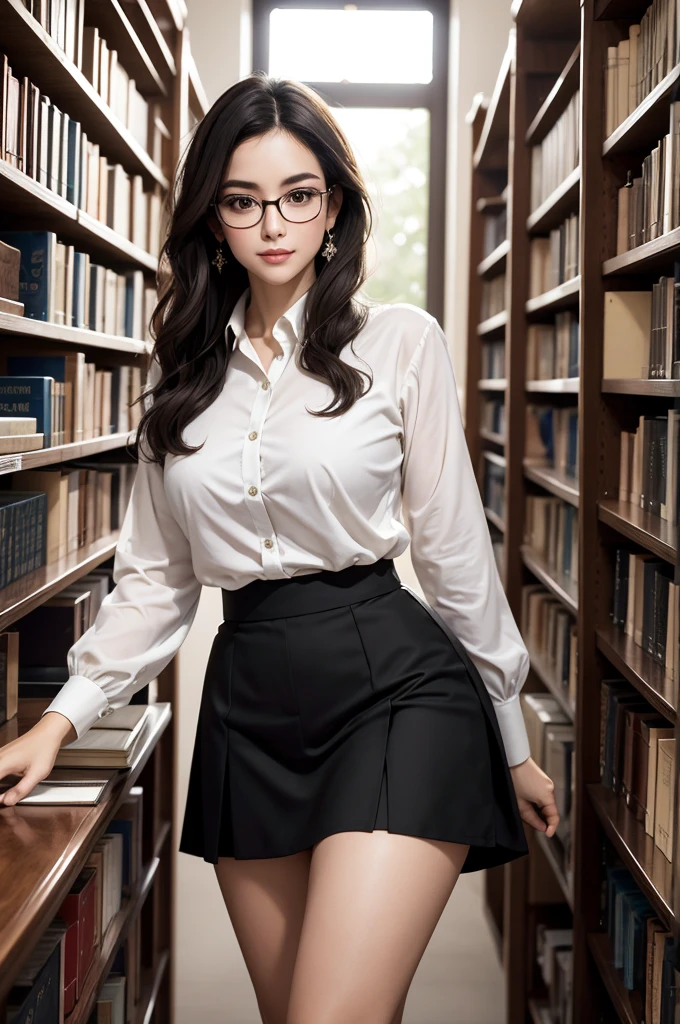 Amidst the shelves full of books in the large library, a stunning woman attracts attention. Her delicate face is framed by large prescription glasses., that accentuate your intelligence and charm. Hair is carefully combed, complementing your natural elegance. She wears an impeccable white dress shirt, whose buttons glow softly in the soft ambient light, and a short black skirt that highlights your graceful curves. Concentrada, ela percorre as prateleiras, os dedos finos deslizando sobre as lombadas dos livros, searching for a specific title. Her presence exudes a captivating blend of classical beauty and intellectual sophistication., making it an unforgettable sight.