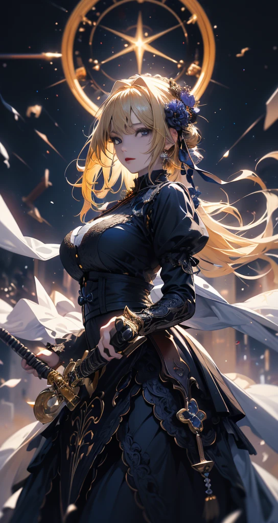 masterpiece, high quality, 4K, Beautiful design, silhouette，blonde， 非常に詳細な夜のStarry Sky,Flower Field， wonderful, Finer details,  Very knowledgeable woman, Highly detailed solo, 1 female,Big Breasts，Gothic Lolita Fashion，firearm equipment，Night view，Starry Sky，full moon，