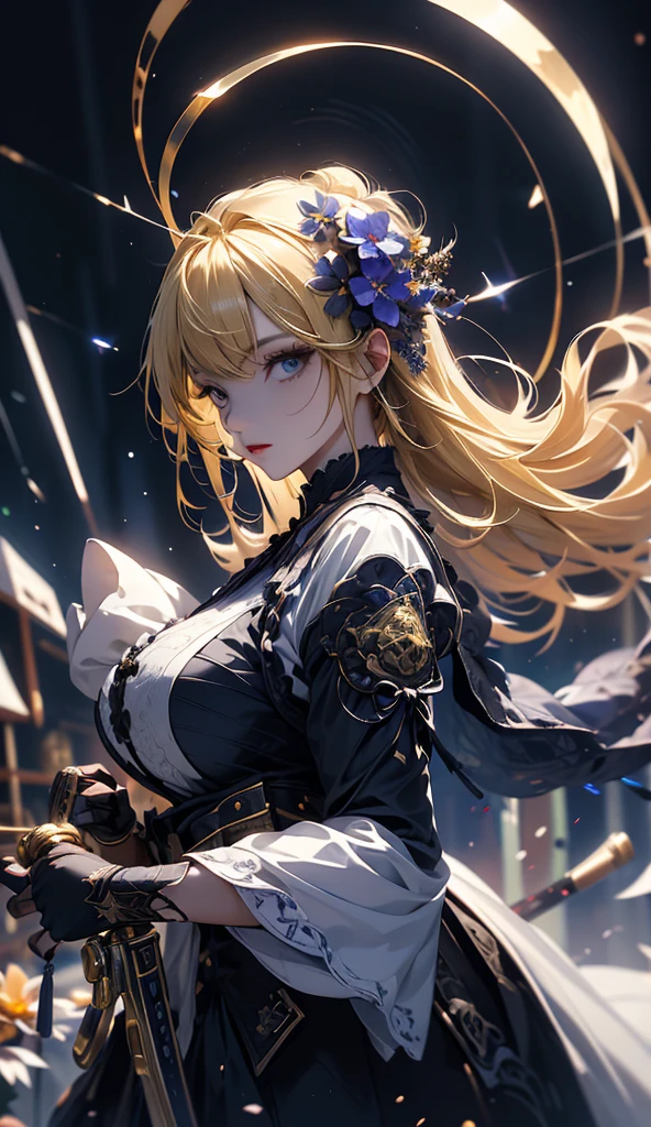 masterpiece, high quality, 4K, Beautiful design, silhouette，blonde， 非常に詳細な夜のStarry Sky,Flower Field， wonderful, Finer details,  Very knowledgeable woman, Highly detailed solo, 1 female,Big Breasts，Gothic Lolita Fashion，firearm equipment，Night view，Starry Sky，full moon，