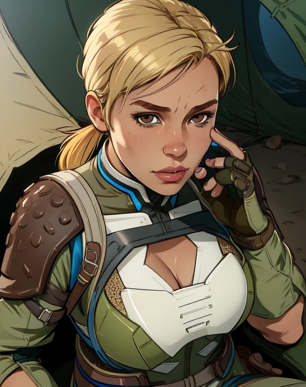 Cassie,blonde hair,solo,ponytail,brown eyes,
fingerless gloves,armor,bodysuit, cleavage cutout, 
upper body,  
barracks, tent,  sitting, 
(insanely detailed, beautiful detailed face, masterpiece, best quality), solo, 
 