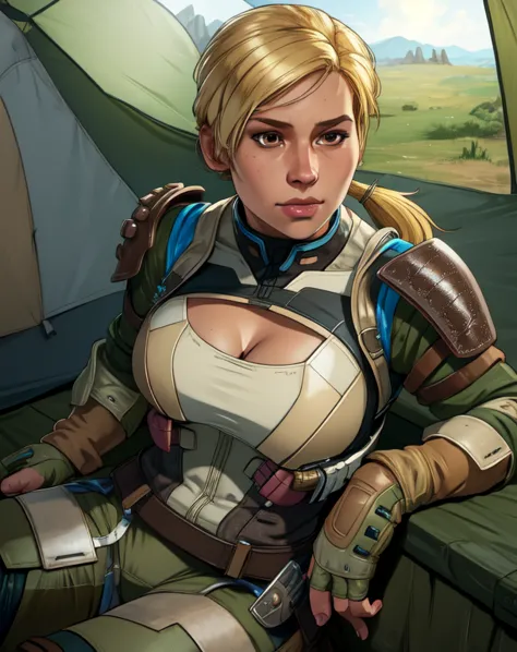 cassie,blonde hair,solo,ponytail,brown eyes,
fingerless gloves,armor,bodysuit, cleavage cutout, 
upper body,  
barracks, tent,  ...