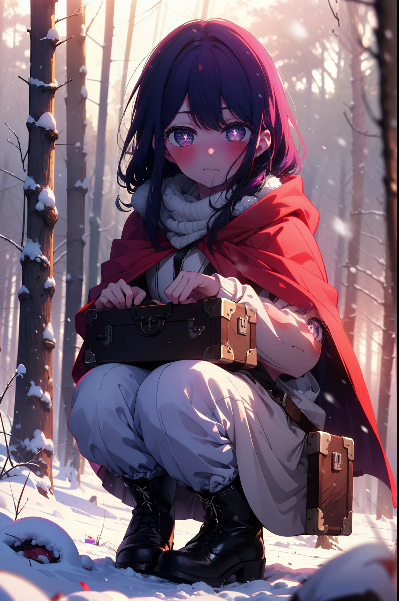 aihoshino, Ai Hoshino, Long Hair, bangs, (Purple eyes:1.1), Purple Hair, (Symbol-shaped pupil:1.5), smile,,smile,blush,White Breath,
Open your mouth,snow,Ground bonfire, Outdoor, boots, snowing, From the side, wood, suitcase, Cape, Blurred, , forest, White handbag, nature,  Squat, Mouth closed, Cape, winter, Written boundary depth, Black shoes, red Cape break looking at viewer, Upper Body, whole body, break Outdoor, forest, nature, break (masterpiece:1.2), highest quality, High resolution, unity 8k wallpaper, (shape:0.8), (Beautiful and beautiful eyes:1.6), Highly detailed face, Perfect lighting, Highly detailed CG, (Perfect hands, Perfect Anatomy),