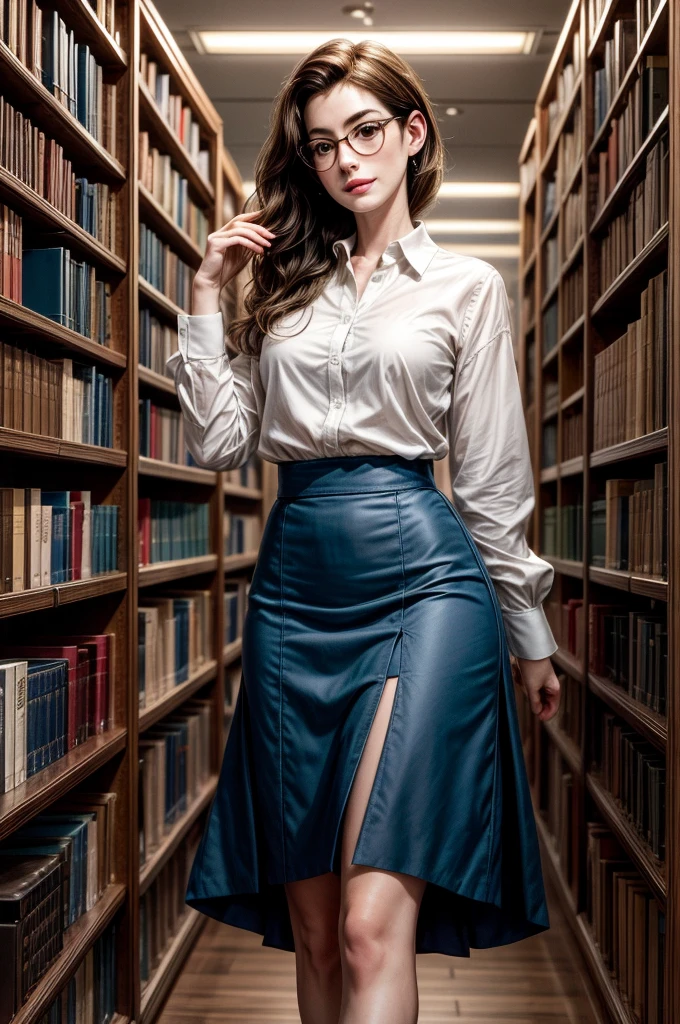 Amidst the shelves full of books in the large library, Stunning Anne Hathaway Howard turns heads. Her delicate face is framed by large prescription glasses., that accentuate your intelligence and charm. Hair is carefully combed, complementing your natural elegance. Seios nus, She wears an impeccable white dress shirt, whose open buds glow softly in the soft ambient light, and a very short blue skirt that highlights her graceful curves. Concentrada, ela percorre as prateleiras, os dedos finos deslizando sobre as lombadas dos livros, searching for a specific title. Her presence exudes a captivating blend of classical beauty and intellectual sophistication., making it an unforgettable sight.