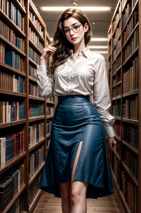 Amidst the shelves full of books in the large library, Stunning Anne Hathaway Howard turns heads. Her delicate face is framed by...