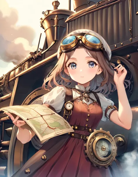 (close up face:1.5), steampunk style a little princess’s journey. a little princess boarding a massive steam locomotive. her dre...