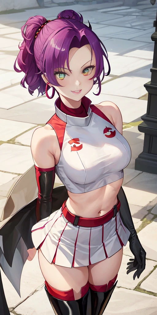 (((1 girl))) short hair, earings ,glossy lips ,team rocket uniform, red letter R, white skirt, white crop top, black thigh-high boots, black elbow gloves, evil smile, looking at viewer, cowboy shot, arms crossed, full body photo Mercedes von Martritz (Fire Emblem: Three Houses)