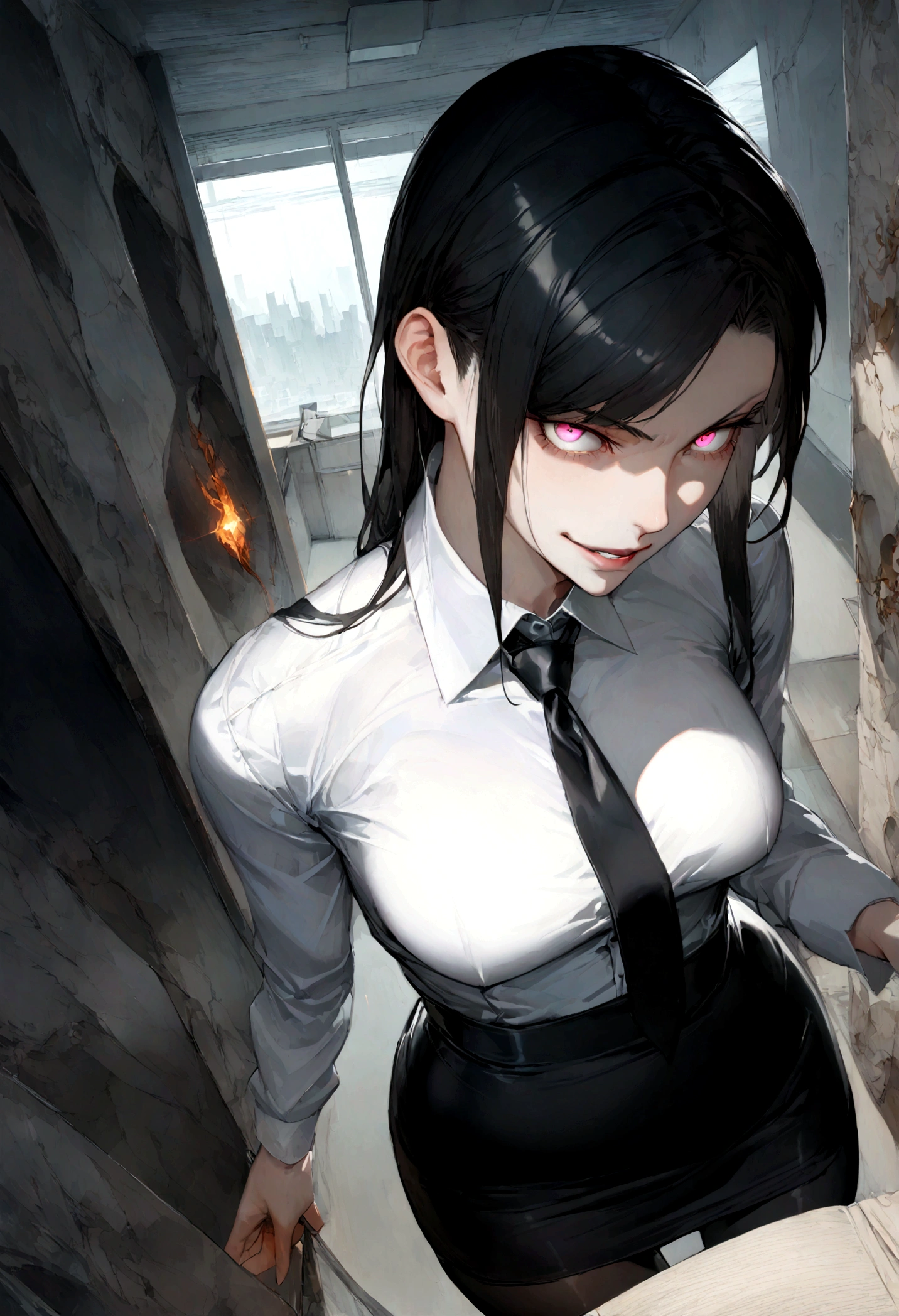 juri han, work of art, tight white secretary shirt with black tie, black high waist skirt, short skirt, black hair, black tights,evil smile,office,franja nos olhos,lighting,chifre de cabelos,view from above,olhando para cima
