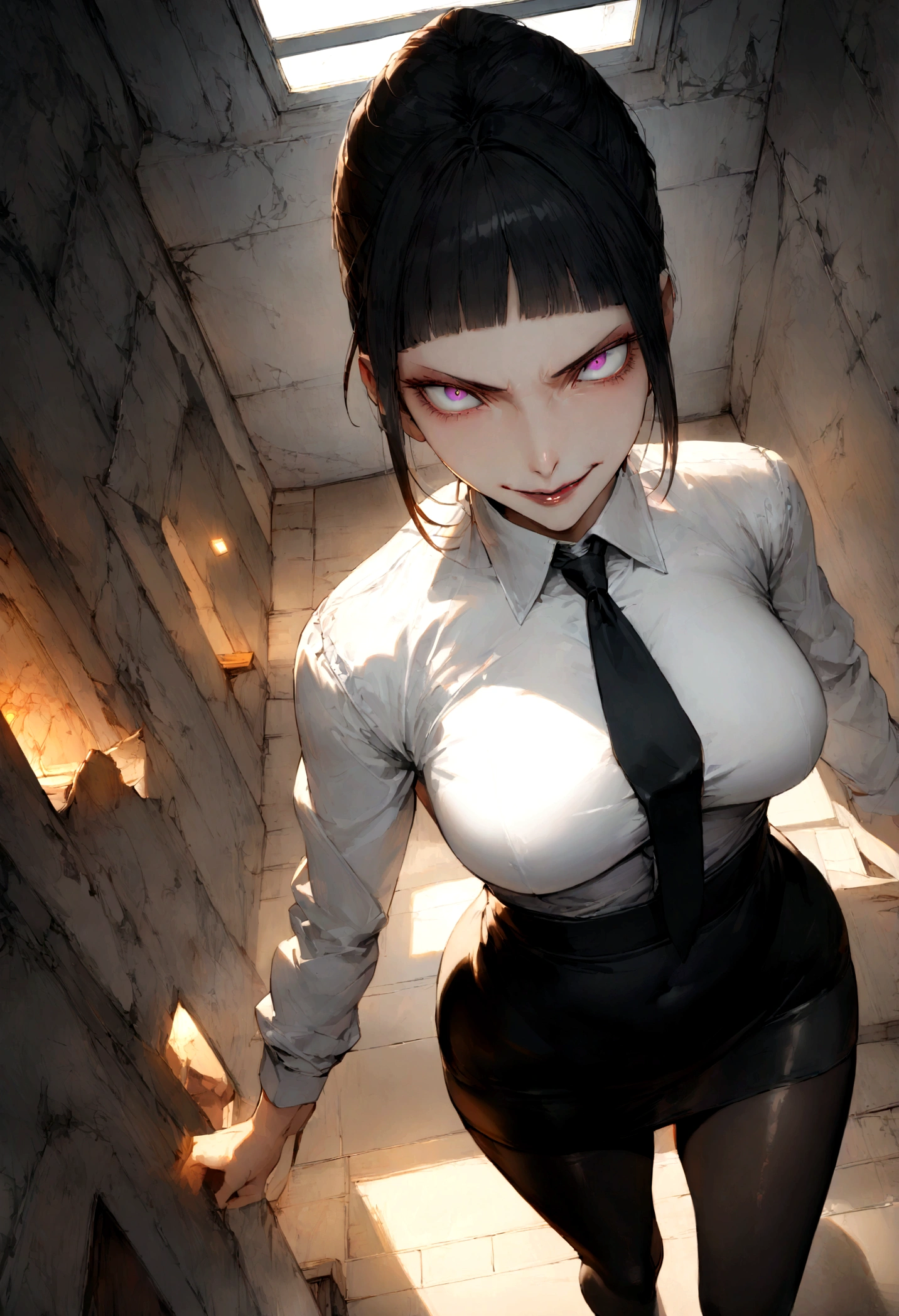 juri han, work of art, tight white secretary shirt with black tie, black high waist skirt, short skirt, black hair, black tights,evil smile,office,franja nos olhos,lighting,chifre de cabelos,view from above,olhando para cima
