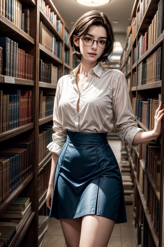 Amidst the shelves full of books in the large library, Stunning Anne Hathaway Howard turns heads. Her delicate face is framed by large prescription glasses., that accentuate your intelligence and charm. Hair is carefully combed, complementing your natural elegance. Seios nus, She wears an impeccable transparent white dress shirt, whose open buds glow softly in the soft ambient light, and a very short blue skirt that highlights her graceful curves. Concentrada, ela percorre as prateleiras, os dedos finos deslizando sobre as lombadas dos livros, searching for a specific title. Her presence exudes a captivating blend of classical beauty and intellectual sophistication., making it an unforgettable sight.