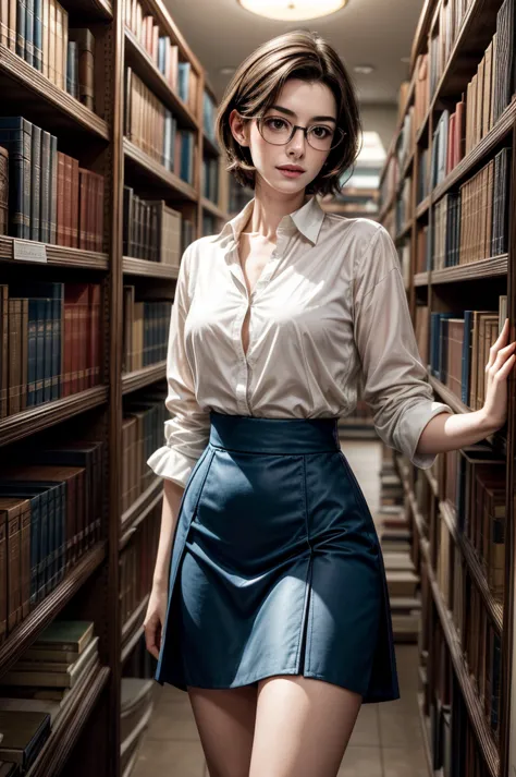 Amidst the shelves full of books in the large library, Stunning Anne Hathaway Howard turns heads. Her delicate face is framed by...