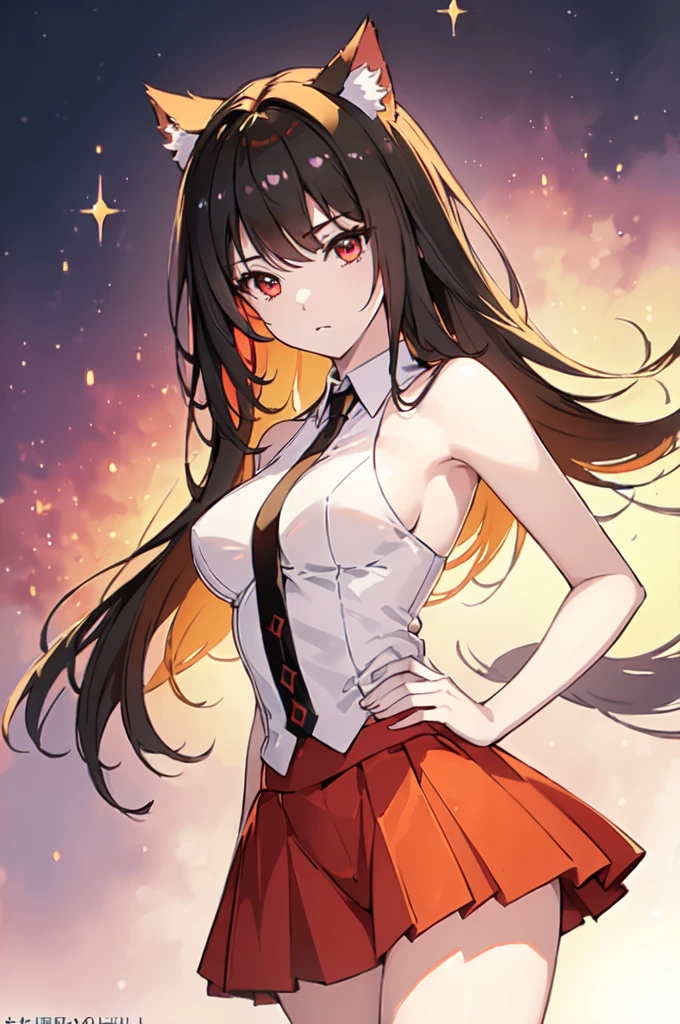 (Cat girl), (smoking), cat ears, black hair, business casual attire, cool, red dress shirt, pretty red eyes, cat tail, ((Crimson Red Eyes eyes: 1.3, Upturned Eyes: 1, Perfect Eyes, Beautiful Detailed Eyes, Gradient eyes: 1, Finely Detailed Beautiful Eyes: 1, Symmetrical Eyes: 1, Big Highlight On Eyes: 1.2)), (((Lustrous Skin: 1.5, Bright Skin: 1.5, Skin Fair, Shiny Skin, Very Shiny Skin, Shiny Body, Plastic Glitter Skin, Exaggerated Shiny Skin, Illuminated Skin))), (Detailed Body, (Detailed Face)), (((Skirt))), High Resolution, Sharp Focus, Ultra Detailed, Extremely Detailed, Extremely High Quality Artwork, (Realistic, Photorealistic: 1.37), 8k_Wallpaper, (Extremely Detailed CG 8k), (Very Fine 8K CG), ((Hyper Super Ultra Detailed Perfect Piece)), (((Flawless masterpiece))), Illustration, Vibrant Colors, (Intricate), High Contrast, Selective Lighting, Double Exposure, HDR (High Dynamic Range), Post-processing, Background Blur, (Sexy pose), (Mature woman), big sis