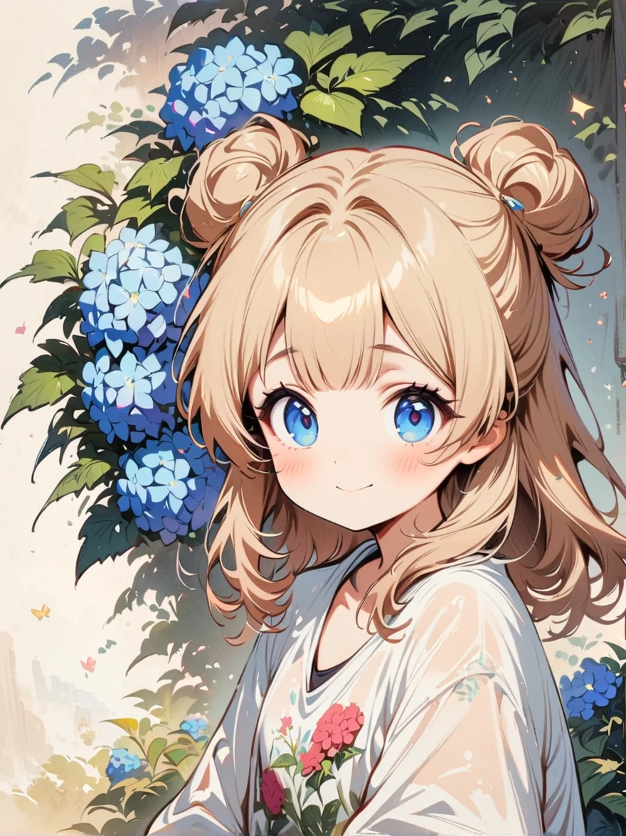 hydrangea(masterpiece, best quality:1.2), cartoonish character design，1 girl, alone，big eyes，Cute expression，Two hair buns，Floral shirt，interesting，interesting，clean lines