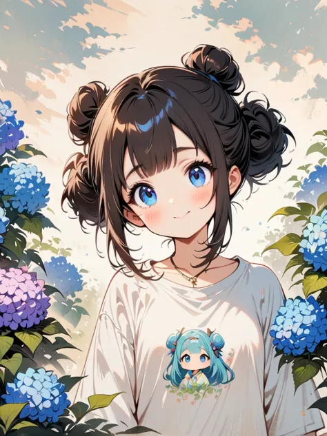 hydrangea(masterpiece, best quality:1.2), cartoonish character design，1 girl, alone，big eyes，Cute expression，Two hair buns，Flora...