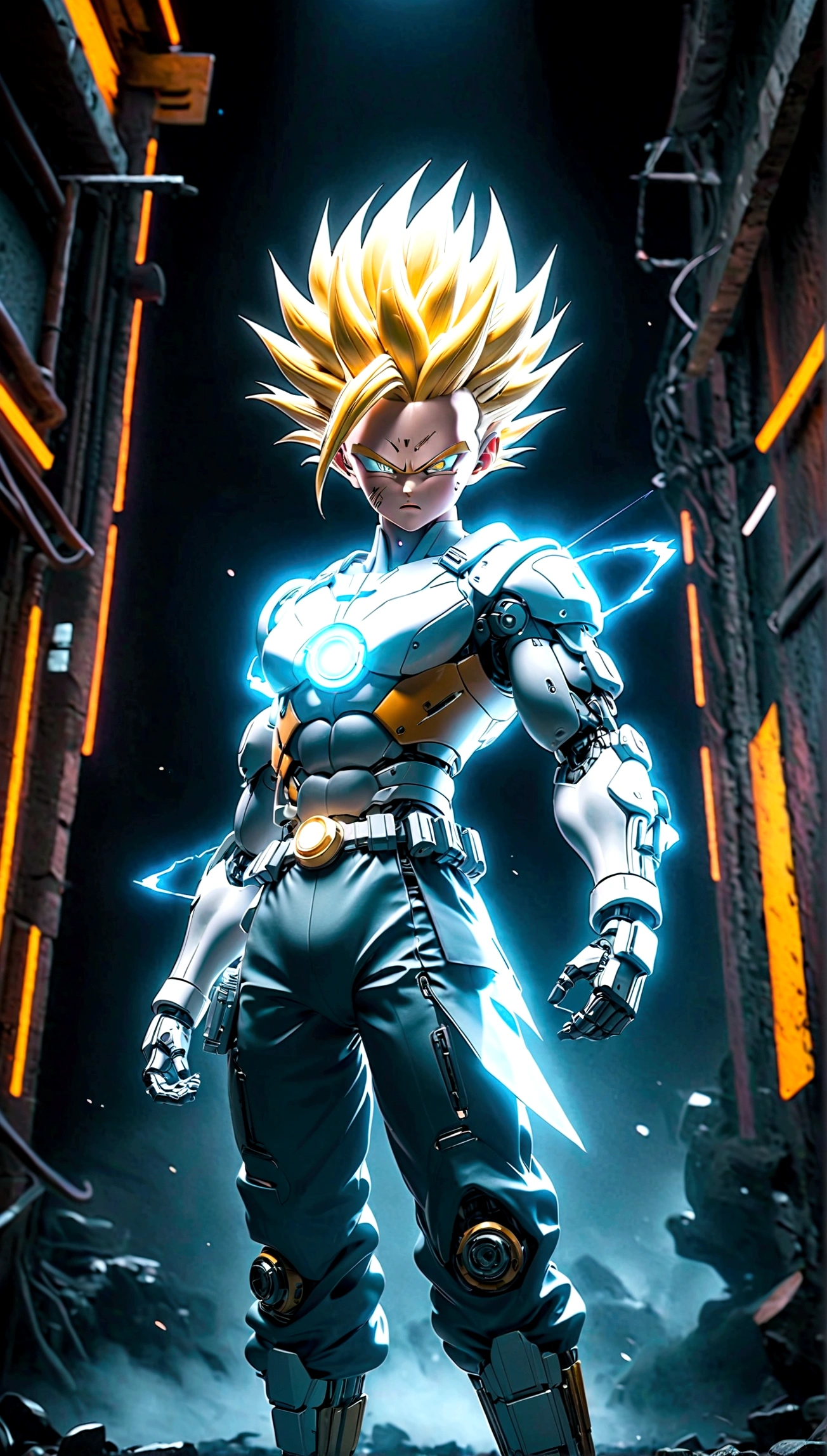 a super saiyan cyborg, highly detailed, hyperrealistic, cinematic lighting, dramatic, gritty, moody, neon lights, glowing energy aura, intense expression, mechanical parts, cyberpunk style, advanced technology, futuristic, volumetric fog, dynamic pose, 8k, photorealistic, unreal engine, concept art style