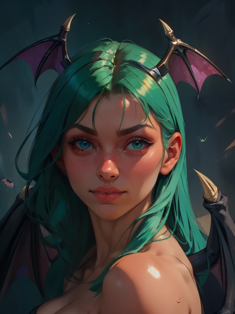 Realistic oil paint portrait of Morrigan Aensland, hot Body, Dynamic sensual pose, soft smile, long green hair, (((Bat wings))) , detailed skin Textures, intricate, detailed face, hyperrealistic, realistic light and shadows , ((cinematic lighting)) . Abstract paint background. Poetic, dramatic. 