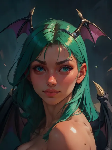 Realistic oil paint portrait of Morrigan Aensland, hot Body, Dynamic sensual pose, soft smile, long green hair, (((Bat wings))) ...