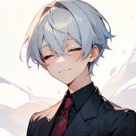 1 boy、highest quality, Tabletop, Beautiful Face、suit、Silver Hair、short hair、whole body、(close your eyes) evil smiling、 front