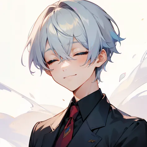 1 boy、highest quality, tabletop, beautiful face、suit、silver hair、short hair、whole body、(close your eyes) evil smiling、 front