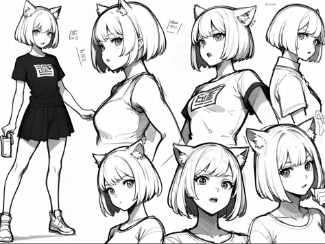 Big cat ears headband,Short T-shirt,Simple skirt ,(((Dynamic pose))),((Open mouth expression)) , ((masterpiece)),(((highest qual...